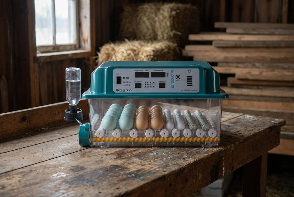 64 egg incubator on a workbench in a barn in late winter