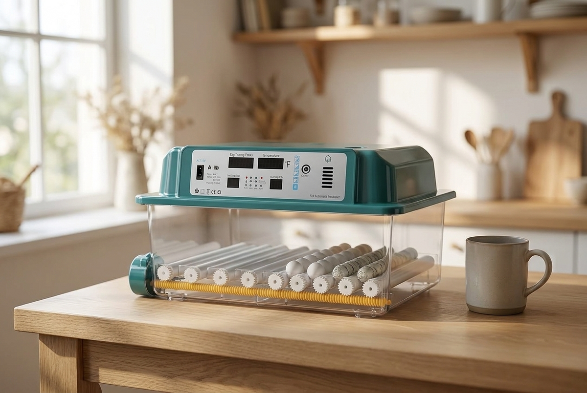 64 egg incubator on a kitchen counter beside a ceramic mug for scale