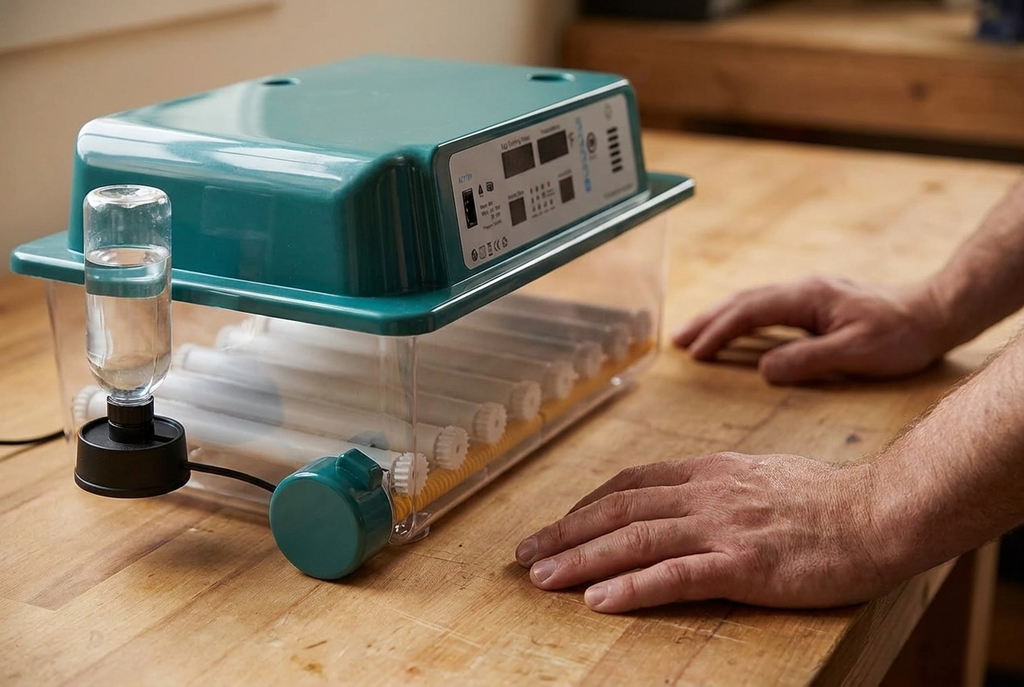 Close-up of the 64 egg incubator with hands resting on the bench beside it