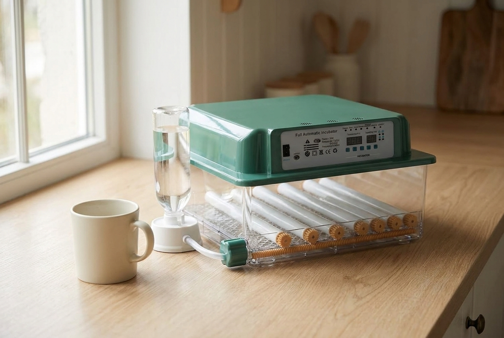 36 egg incubator on a kitchen counter beside a ceramic mug for scale