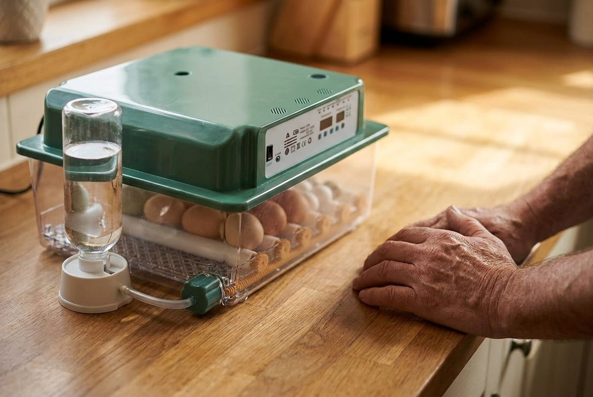 Close-up of the 36 egg incubator with hands resting on the counter beside it