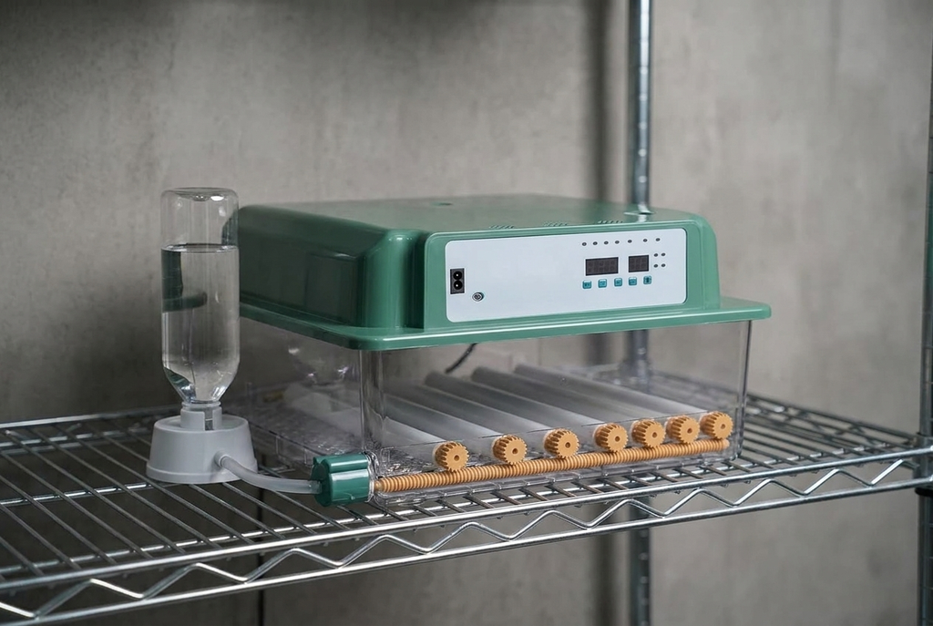 36 egg incubator on metal shelving in a dedicated breeding room