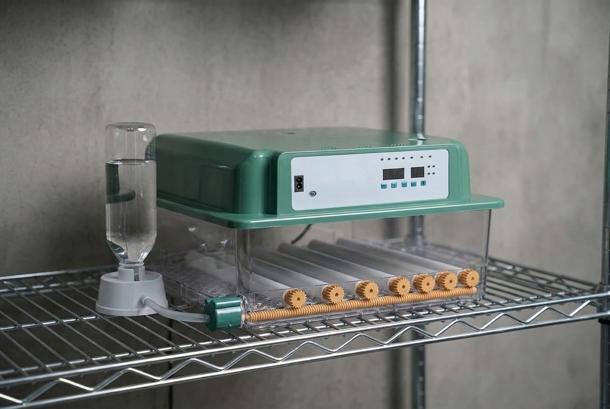 36 egg incubator on metal shelving in a dedicated breeding room
