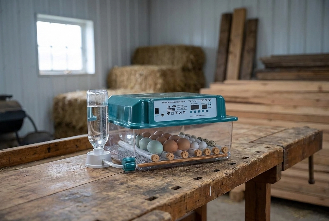 36 egg incubator on a workbench in a barn in late winter
