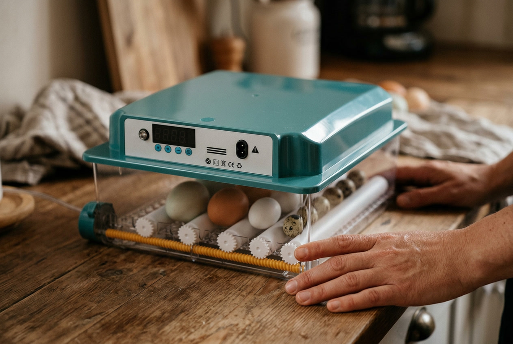 Close-up of the 16 egg incubator with hands resting on the counter beside it
