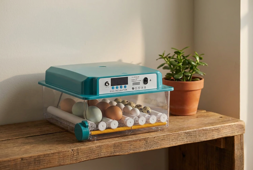 16 egg incubator on a shelf in a bright spare room
