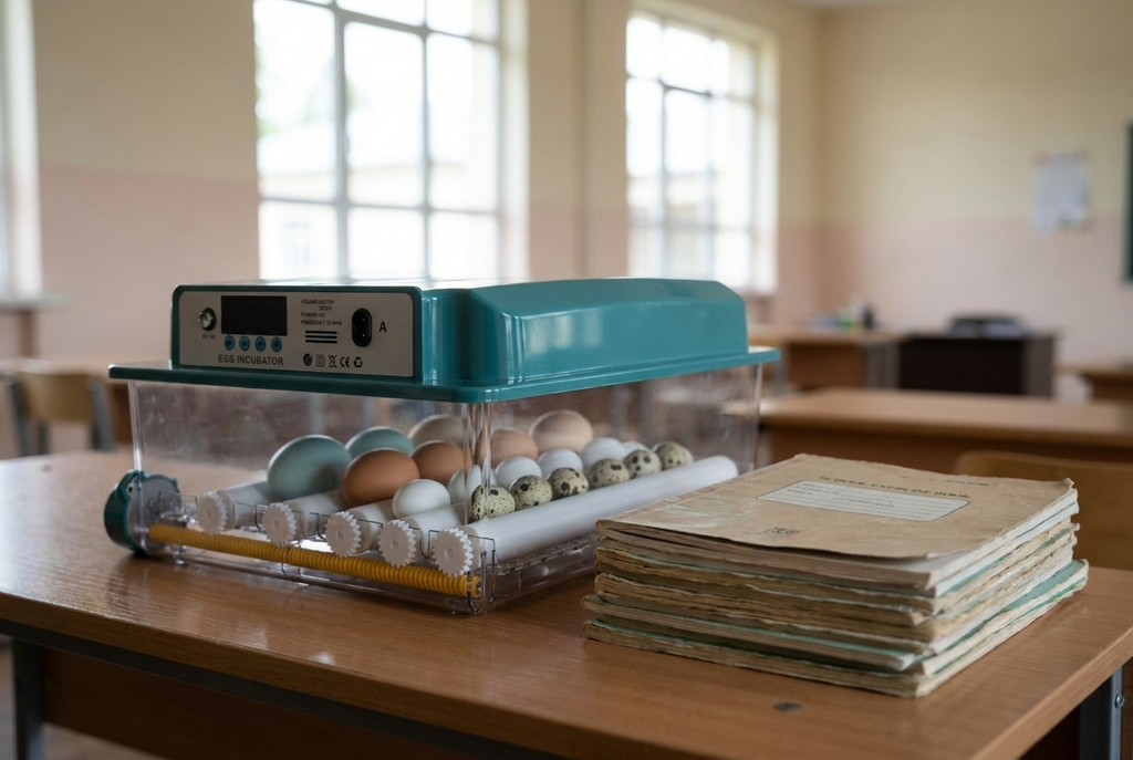 16 egg incubator on a classroom table beside exercise books