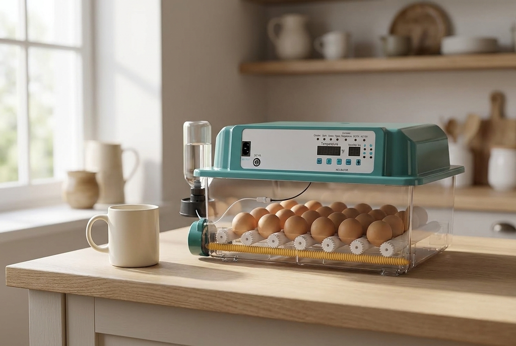 36 egg incubator on a kitchen counter beside a ceramic mug for scale