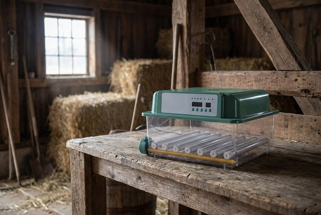 36 egg incubator on a workbench in a barn in late winter