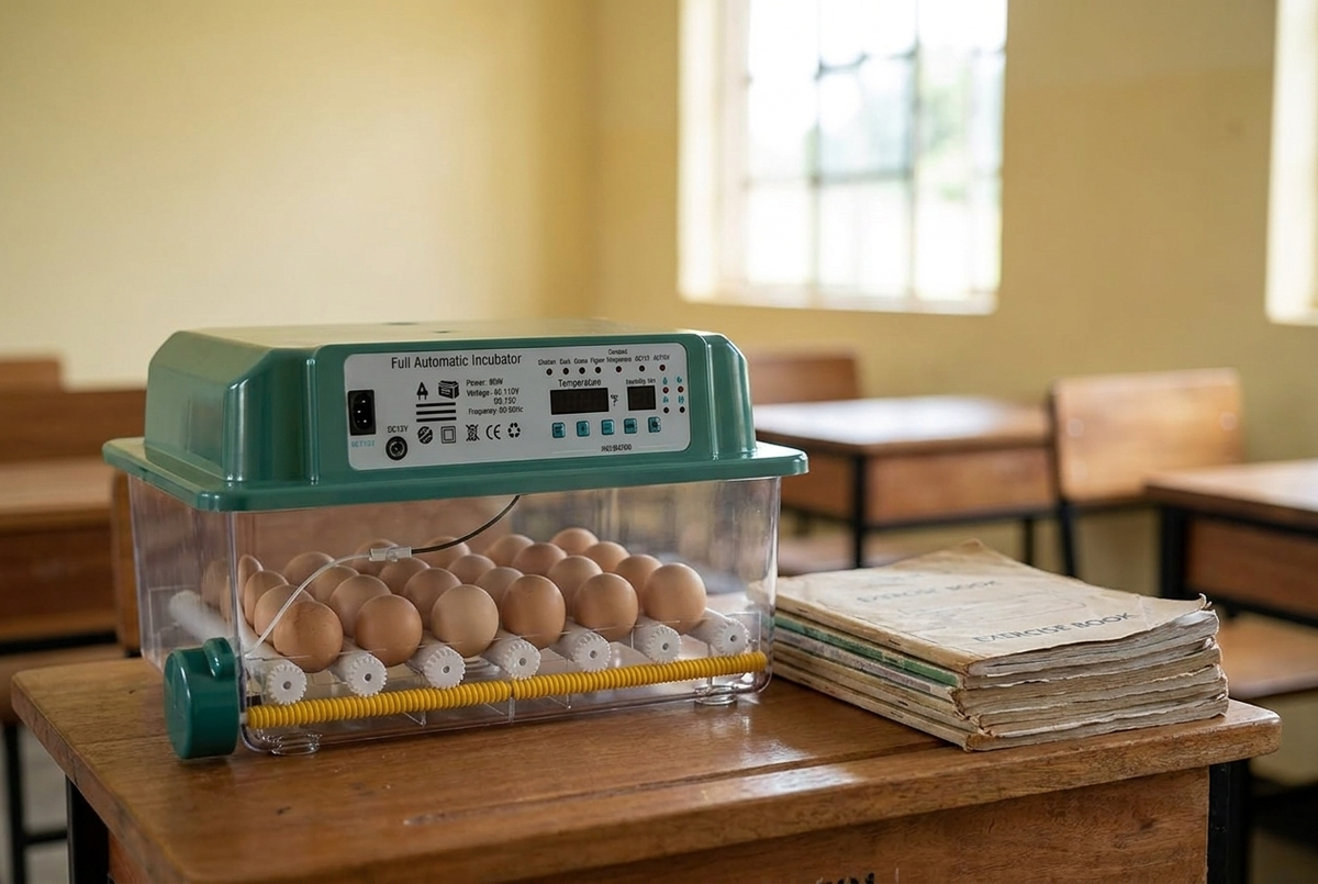 36 egg incubator on a classroom table beside exercise books