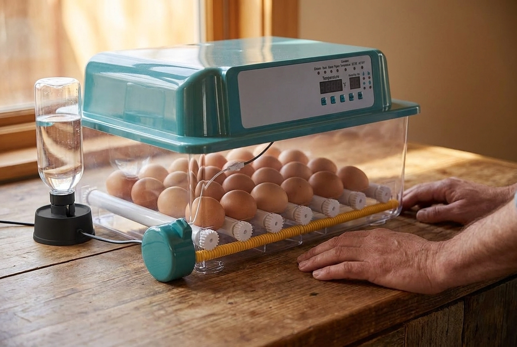 Close-up of the 36 egg incubator with hands resting on the counter beside it