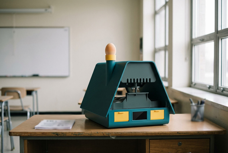 10 egg incubator on a teacher's desk near a classroom window