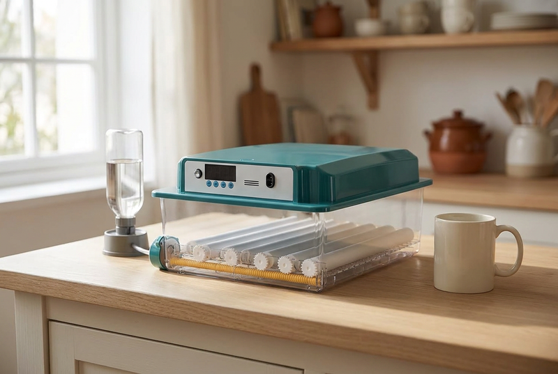 16 egg incubator on a kitchen counter beside a ceramic mug for scale