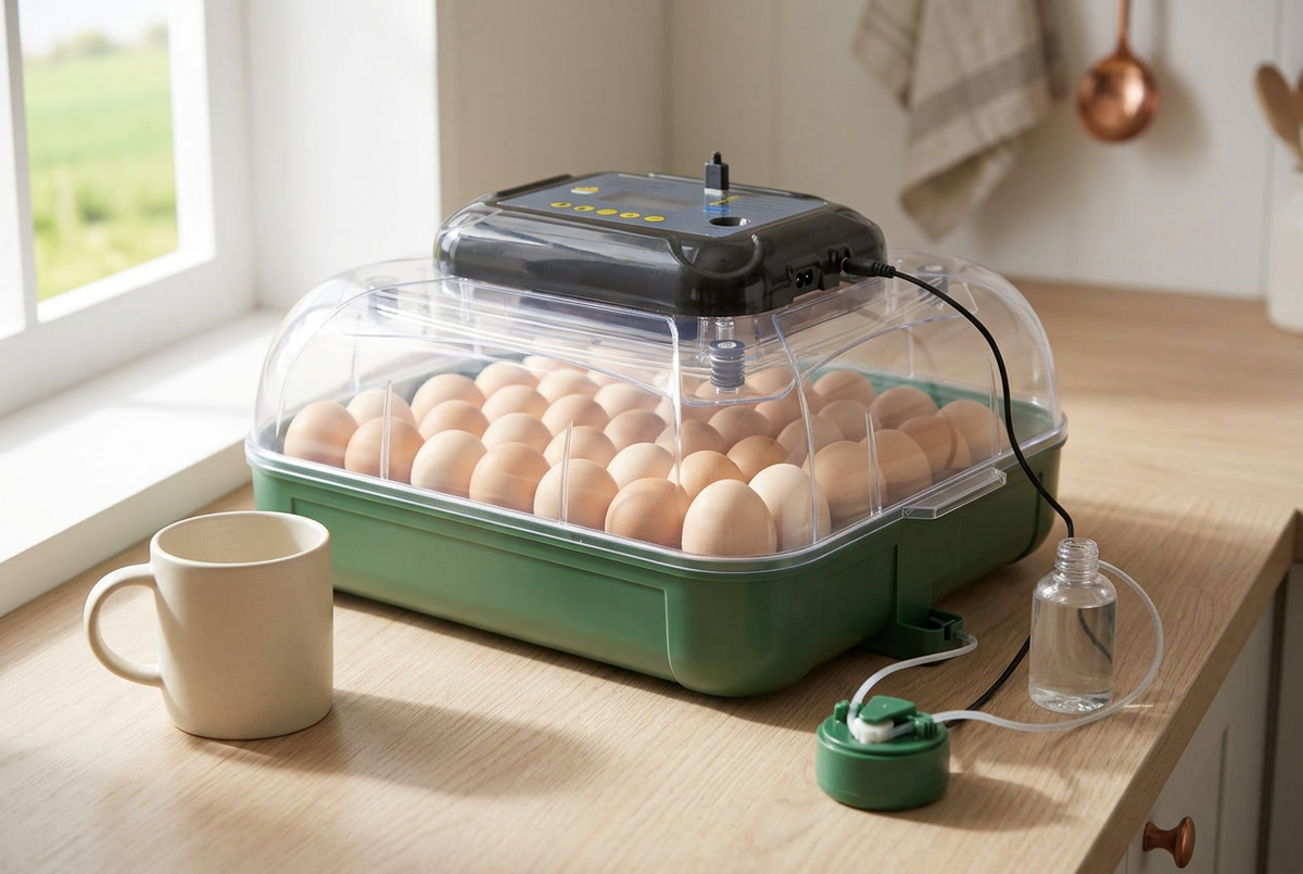 24 egg incubator on a kitchen counter beside a ceramic mug for scale